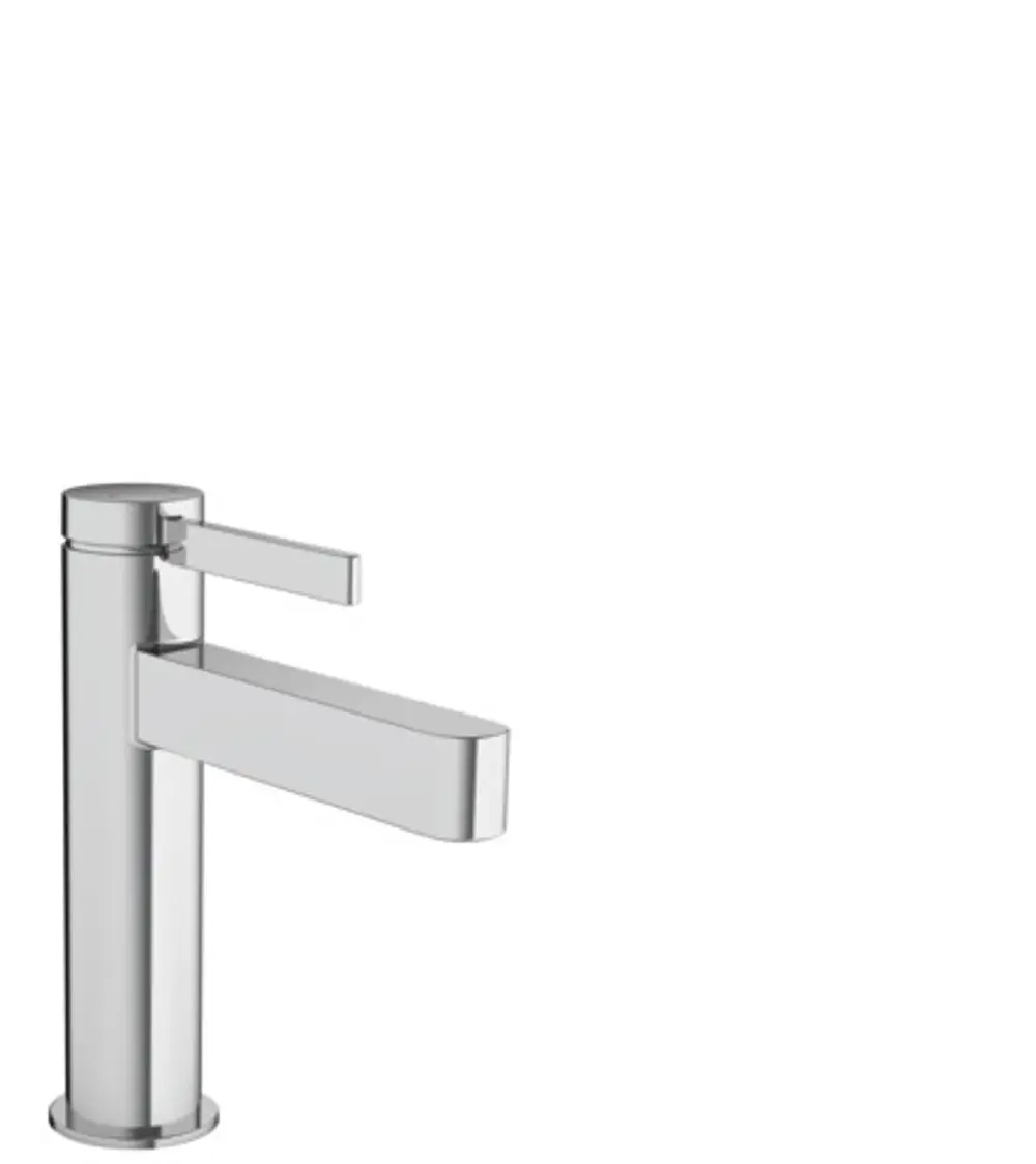 Hansgrohe-Waschtischmischer aus verchromtem Metall, mit schlankem Design und einem Hebel. Der Wasserfluss wird über die seitliche Steuerung reguliert.